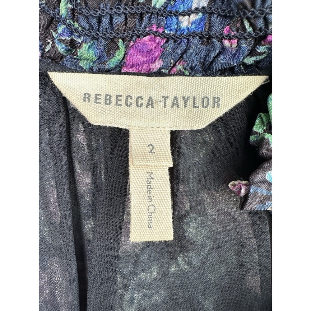 Rebecca Taylor Ruby Navy Floral Hammered Silk Mini Dress Size 2 Cottage Peasant - Picture 8 of 12